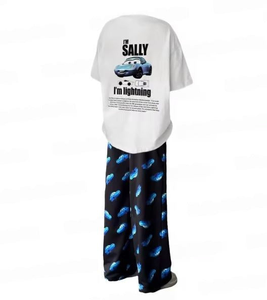 2024 Lightning McQueen & Sally “His & Hers” Cotton Summer Pajama Set – Oversized Tee + Pants for Adults & Kids