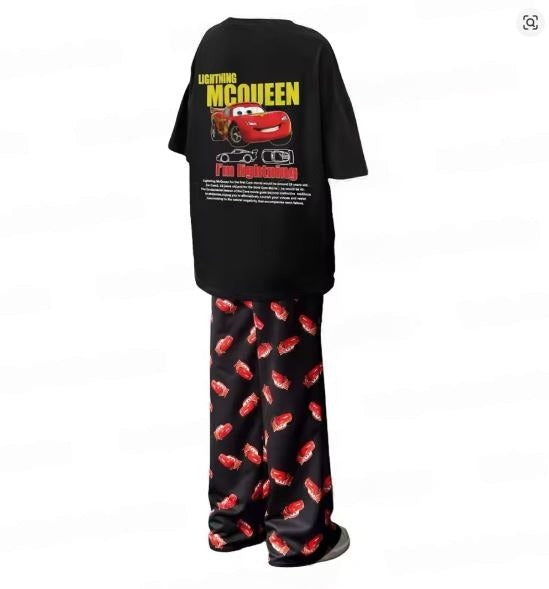 2024 Lightning McQueen & Sally “His & Hers” Cotton Summer Pajama Set – Oversized Tee + Pants for Adults & Kids