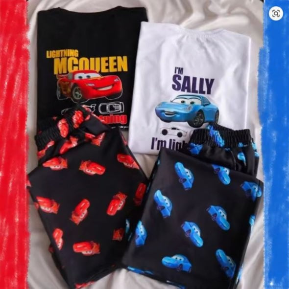 2024 Lightning McQueen & Sally “His & Hers” Cotton Summer Pajama Set – Oversized Tee + Pants for Adults & Kids