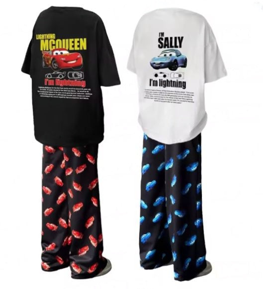2024 Lightning McQueen & Sally “His & Hers” Cotton Summer Pajama Set – Oversized Tee + Pants for Adults & Kids