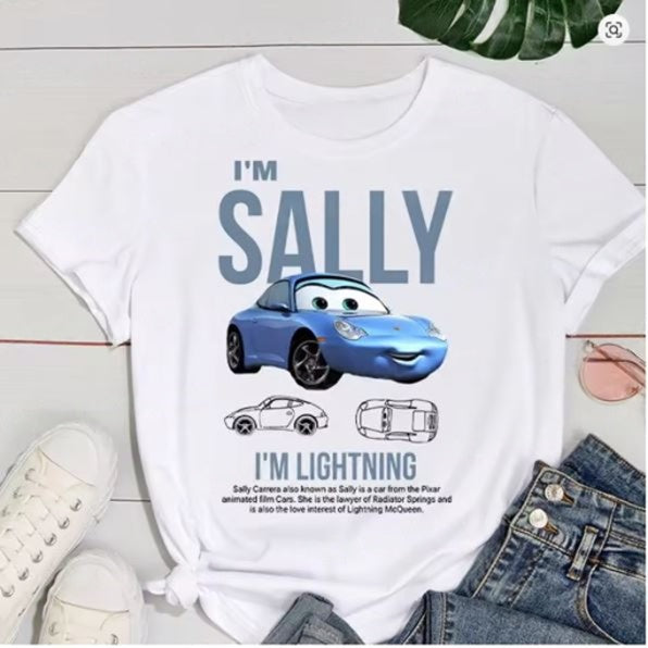 2024 Lightning McQueen & Sally “His & Hers” Cotton Summer Pajama Set – Oversized Tee + Pants for Adults & Kids