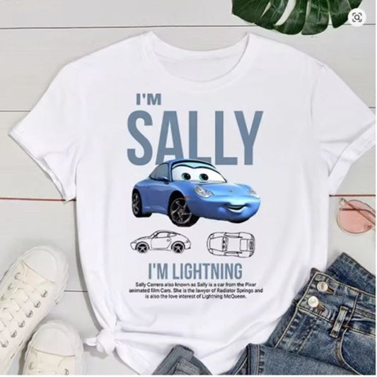 2024 Lightning McQueen & Sally “His & Hers” Cotton Summer Pajama Set – Oversized Tee + Pants for Adults & Kids